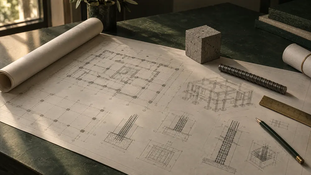 Plans de structure et cube de béton sur une table